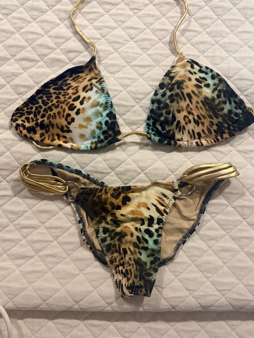Ravish Sands leopard Print Triangle Bikini with Gold Straps